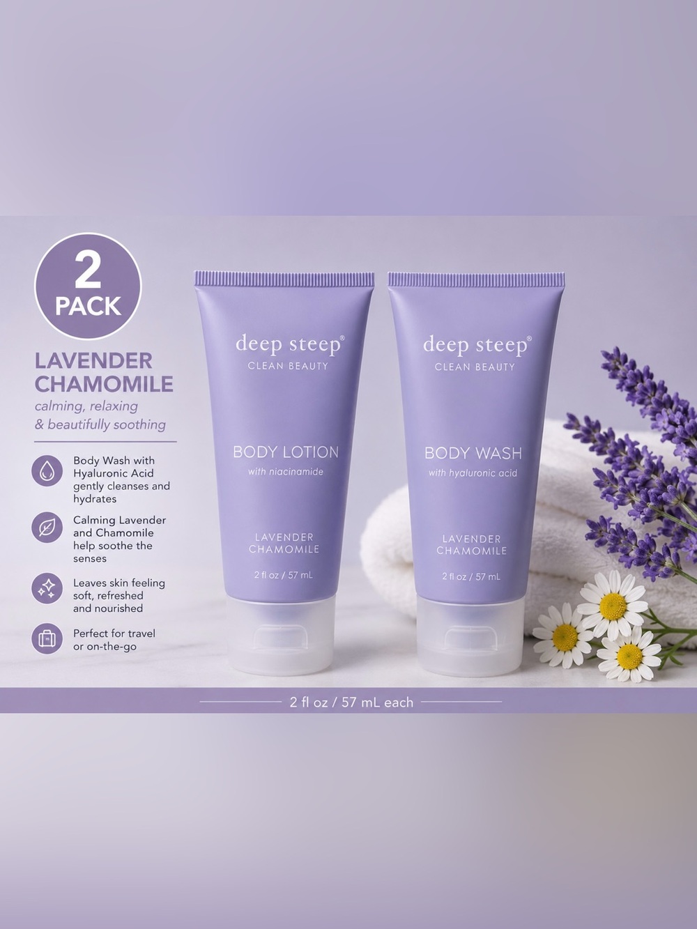 Deep Steep Lavender Chamomile Body Wash 2oz Tubes, 2pk